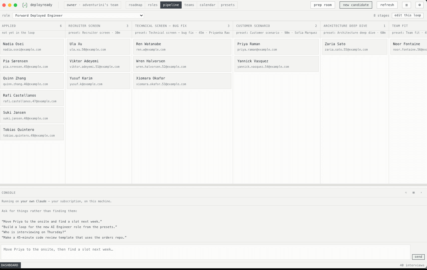 The Deploy Ready pipeline board. Columns are the role's own interview rounds — recruiter screen, technical screen, customer scenario, architecture deep dive — each showing which preset stages it.