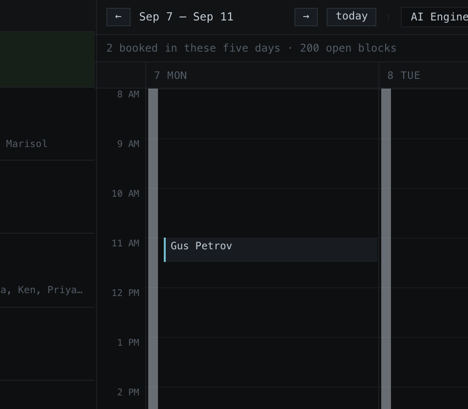 The scheduling calendar: five weekdays, the teams filter on the left, and booked interviews sitting in the days they belong to.