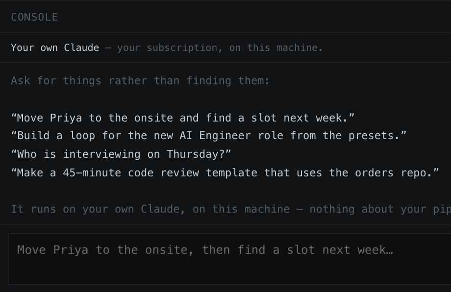 The console panel showing example instructions and a picker set to your own Claude.