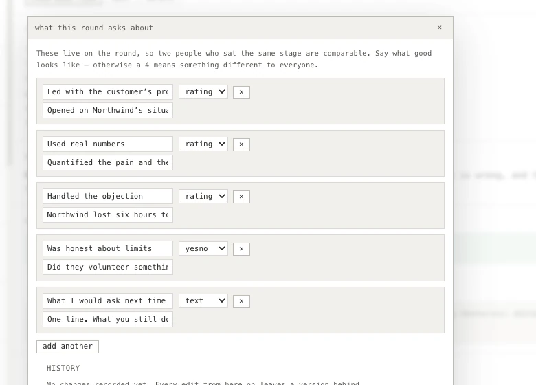 The criteria on a round being edited: each with a name, guidance for the interviewer, its kind — rating, yes or no, choice, text — and whether it is required.