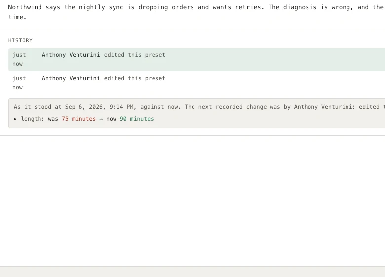 One version of a preset opened against now: a heading giving the date and who made the next change, then lines reading was and now for a duration, a member who was removed from the panel, and three changed lines of the brief shown in place.