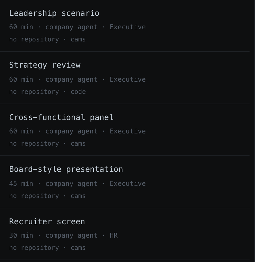 The presets screen, listing staged interview rounds with their repositories, durations and layouts.