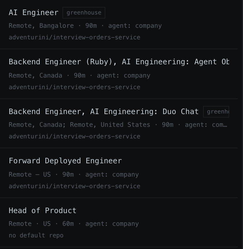 The roles screen, listing open requisitions with their loops.