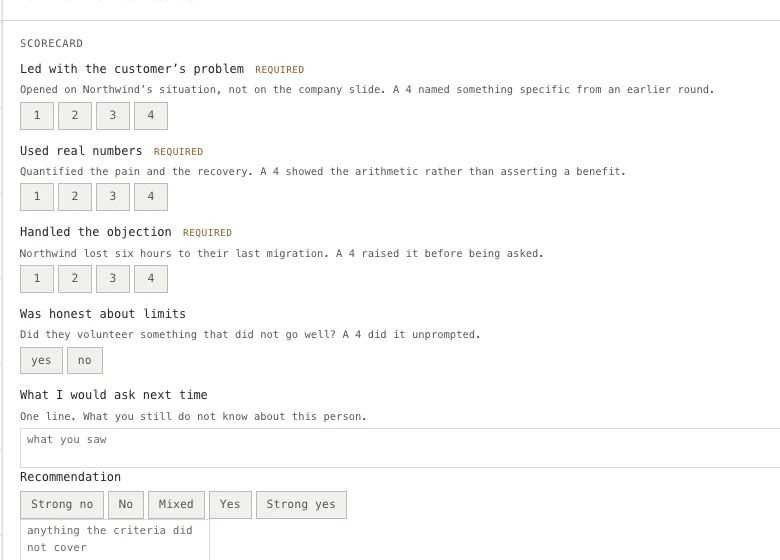 A scorecard being written after a round: the round's criteria down the form, a verdict, notes, and the transcript on the same screen.